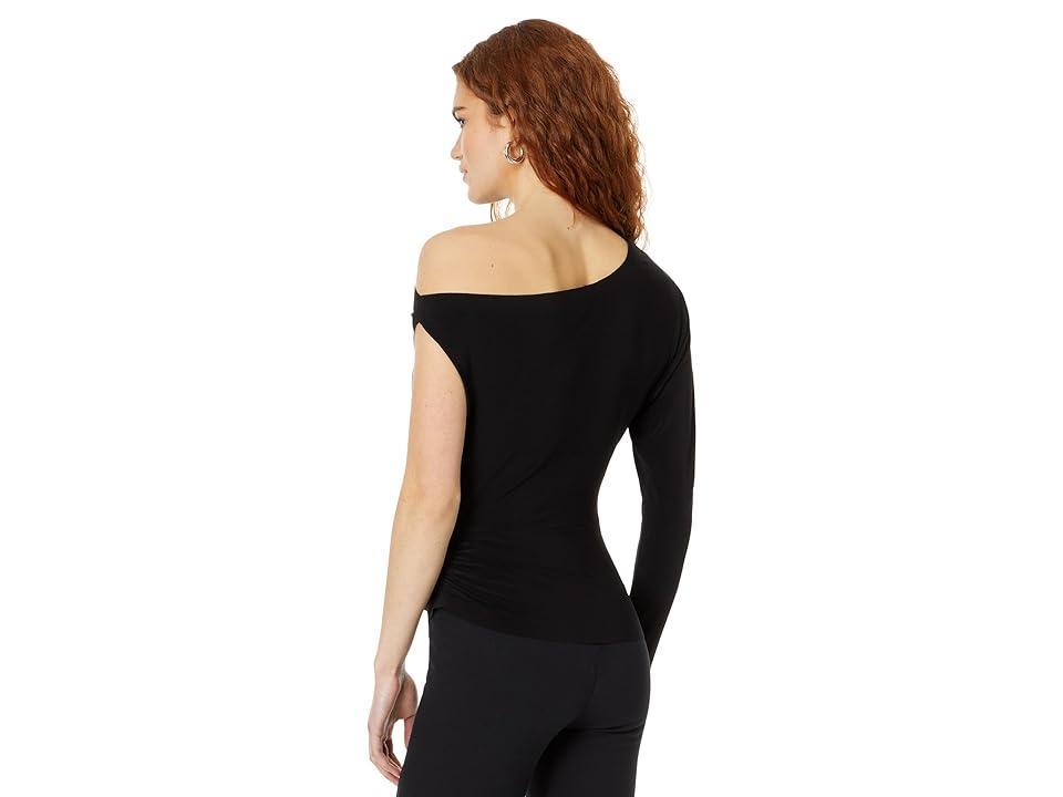 Norma Kamali One Sleeve Drop Shoulder Side Drape Top Black. (also in M, S, XL). Product Image