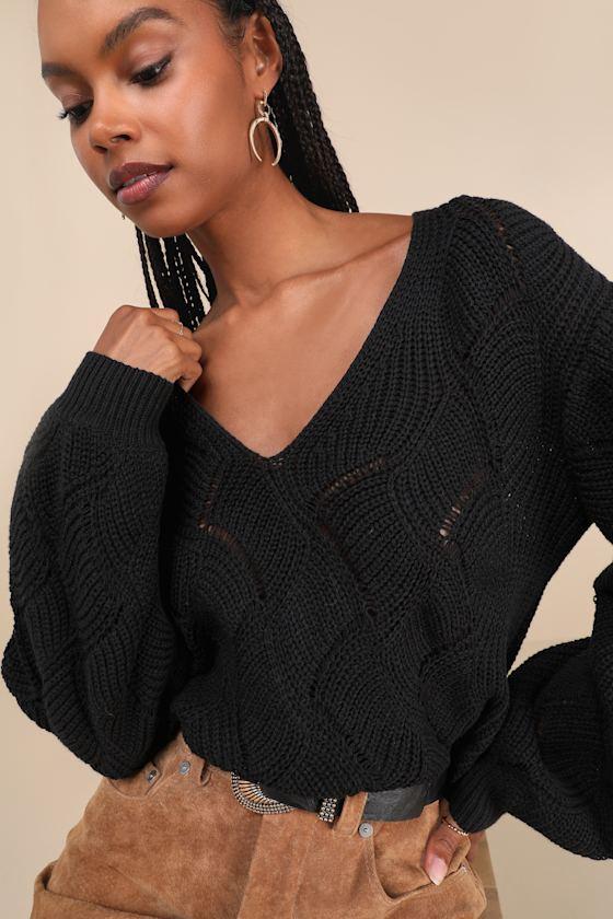 Cute Lifestyle Black Pointelle Knit V-Neck Sweater Top Product Image