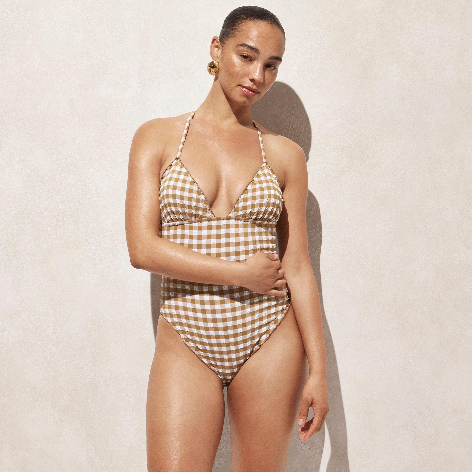 Ruched plunge one-piece swimsuit in gingham Product Image