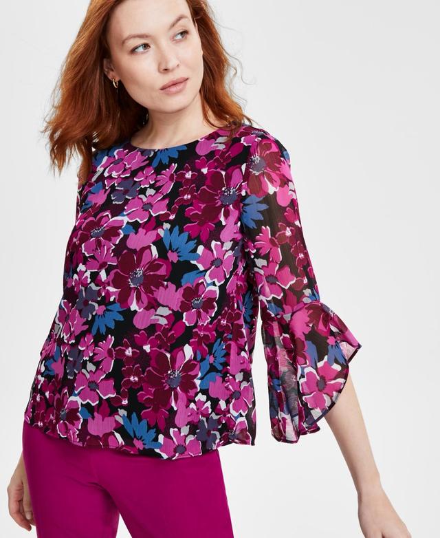 Kasper Womens Floral-Print Ruffle-Sleeve Blouse - Black Product Image