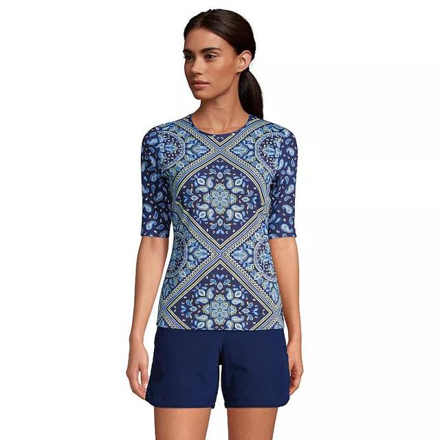 Womens Lands End UPF 50 Elbow-Sleeve Rash Guard Swim Tee Blue Square Paisley Product Image