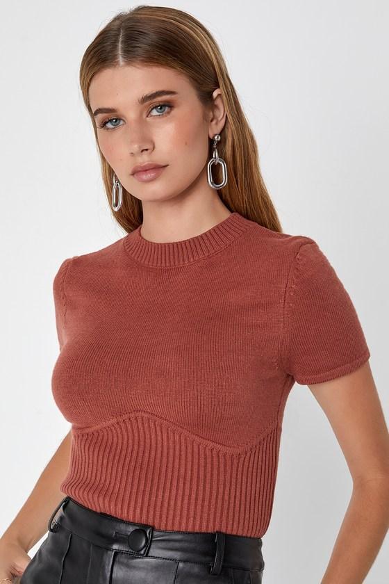 Everyone's a Winter Rust Brown Short Sleeve Seamed Sweater Top Product Image