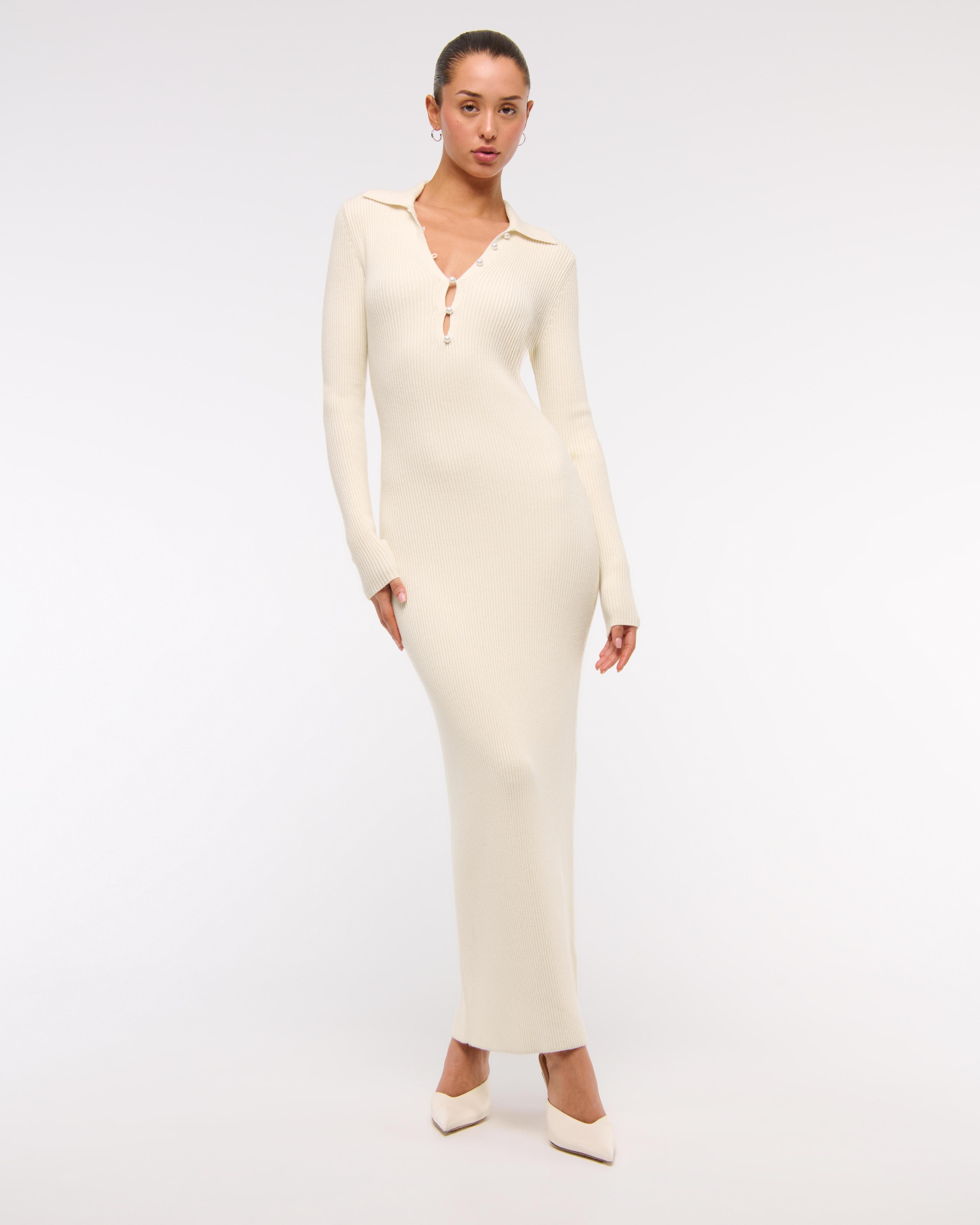 Long-Sleeve Collared Midi Sweater Dress Product Image