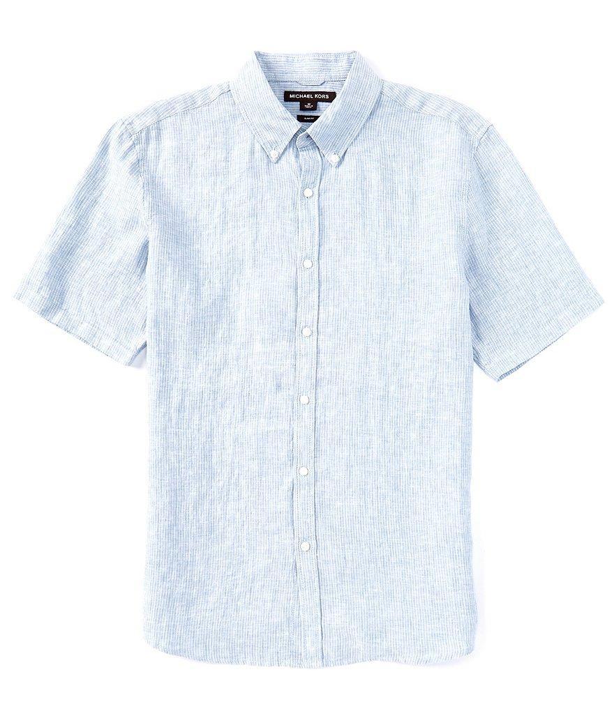 Michael Kors Slim Fit Linen Pencil Stripe Short Sleeve Woven Shirt Product Image