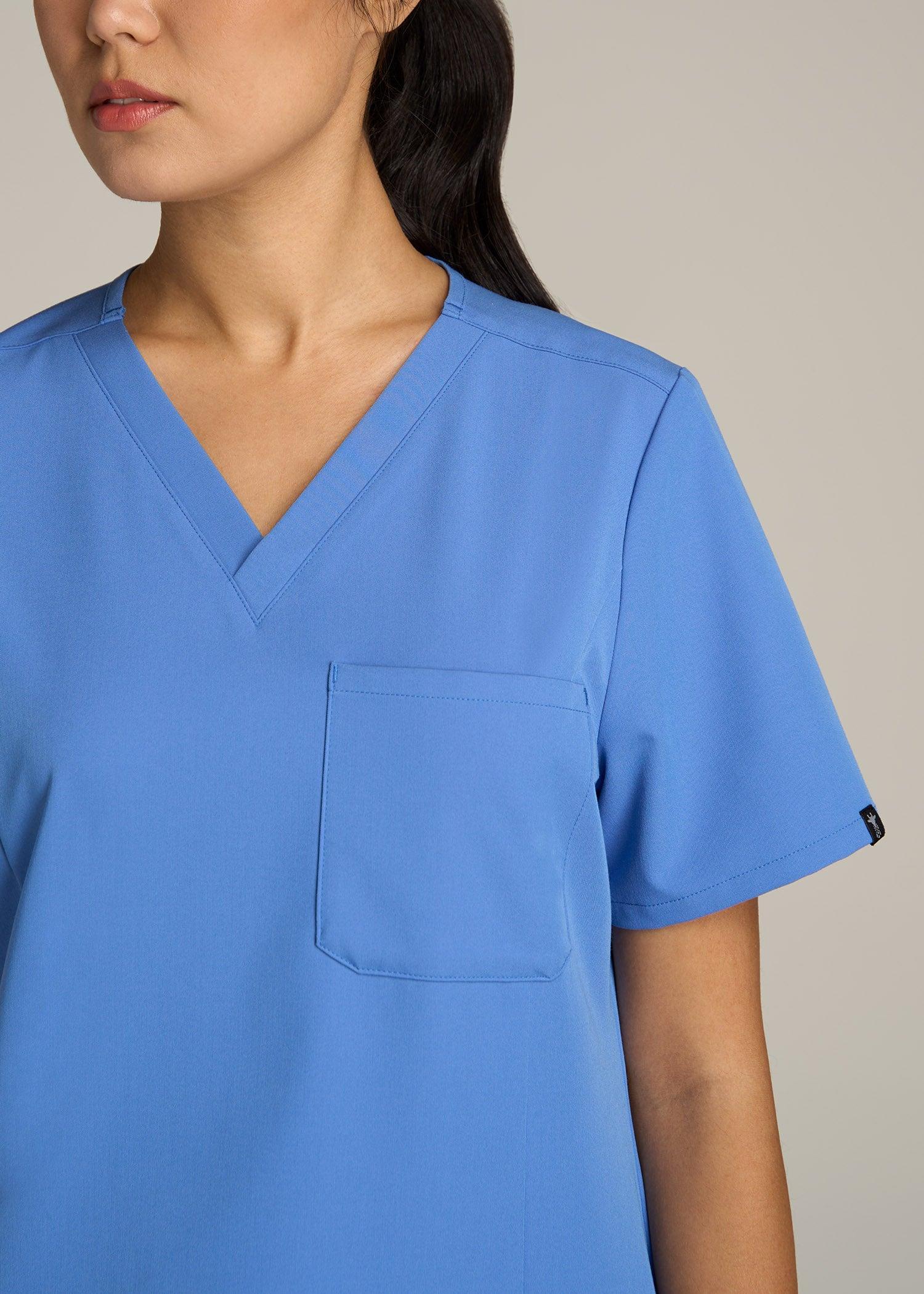 Short Sleeve V-Neck Scrub Top for Tall Women in Deep Sky Blue Product Image