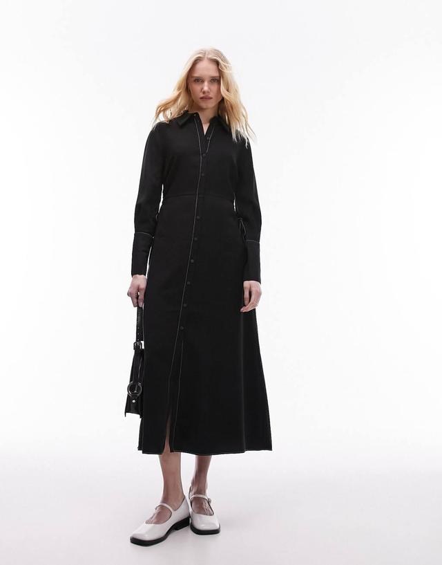 Topshop ruch side midi shirt dress in black twill Product Image