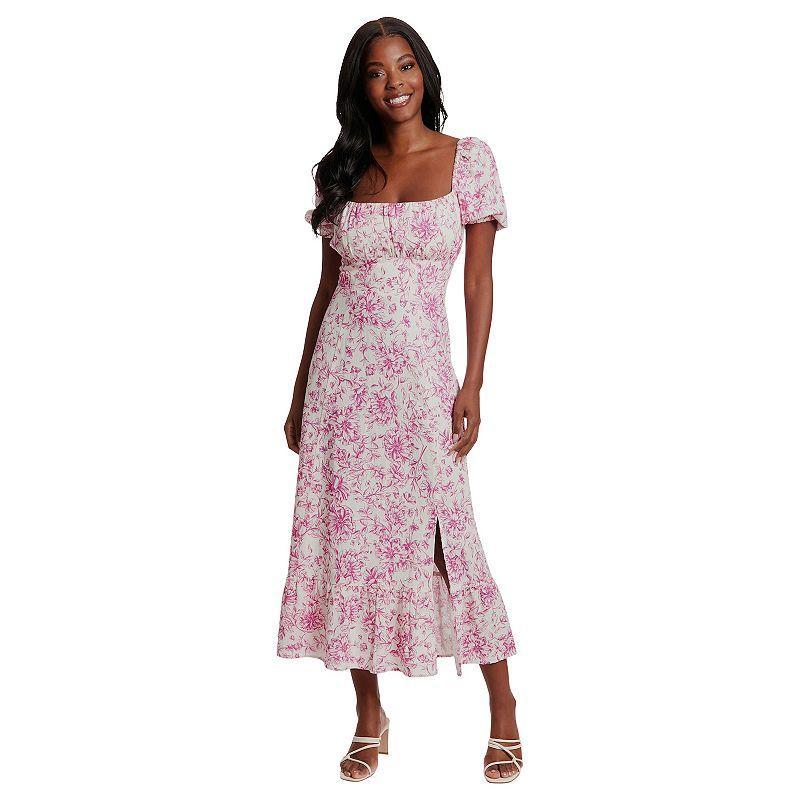 Womens London Times Floral Squareneck Puff Sleeve Empire Waist Midi Dress Product Image