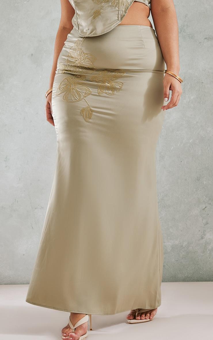 Plus Olive Embroidered Floral Satin Maxi Skirt Product Image