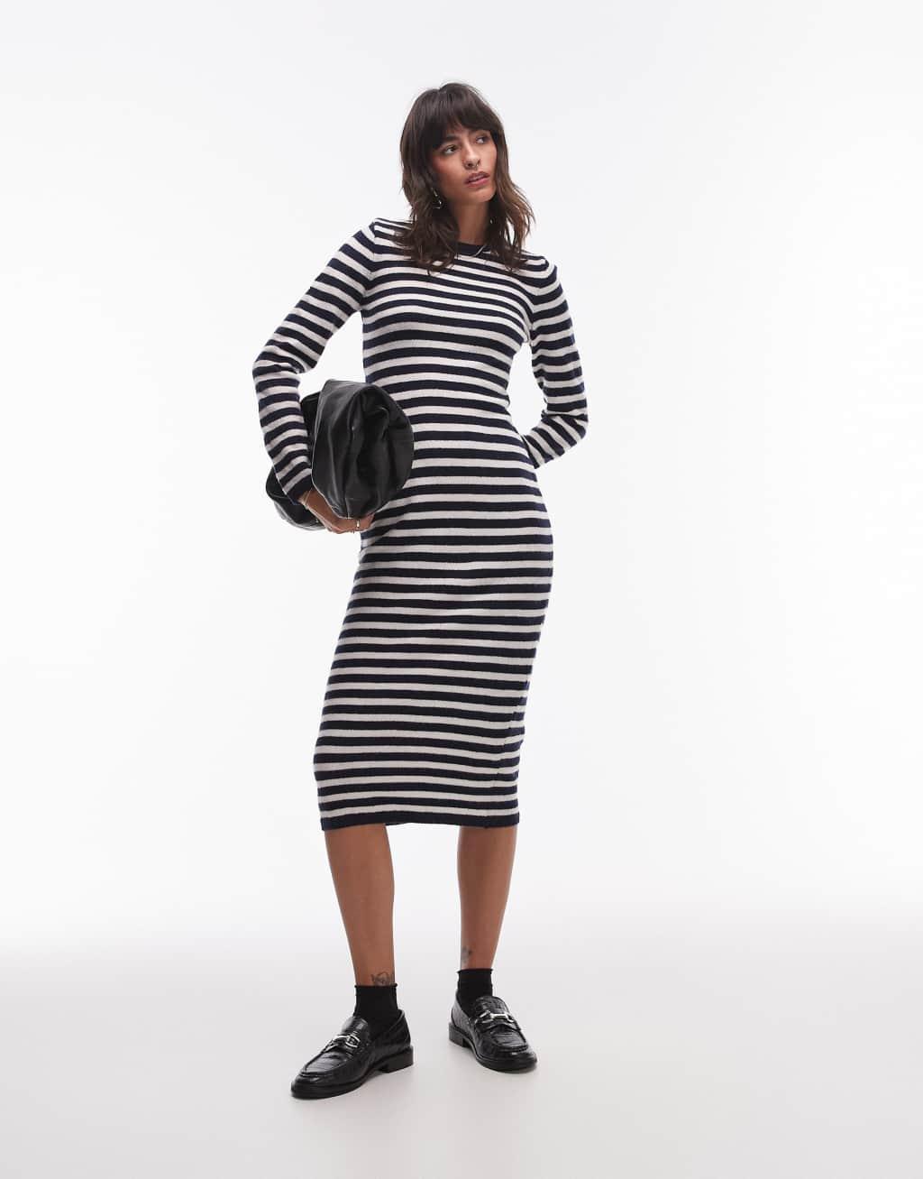 Mango knit striped midi dress in black Product Image