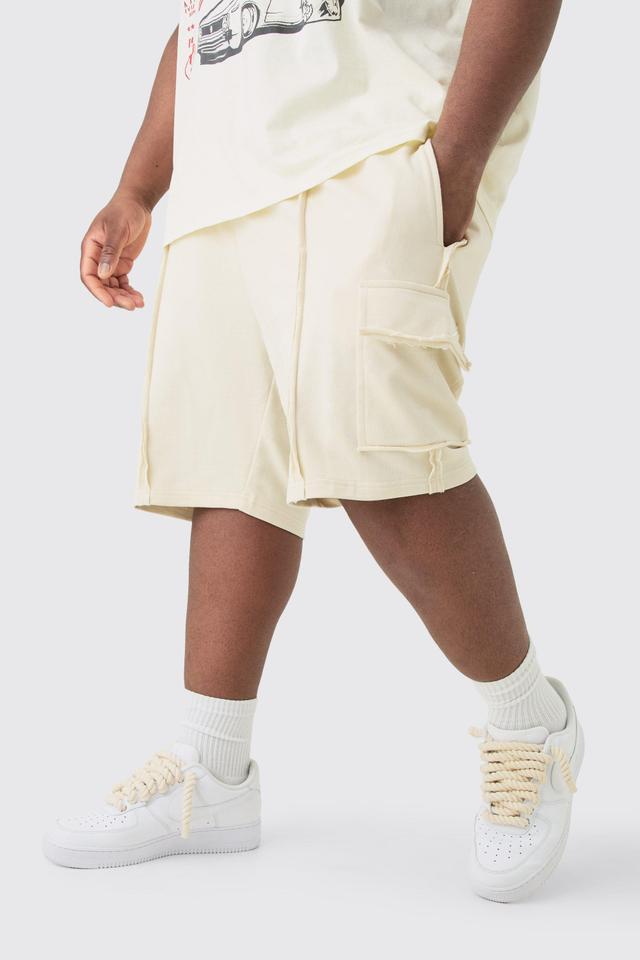 Plus Loose Fit Raw Interlock Seam Cargo Jersey Short | boohooMAN USA Product Image