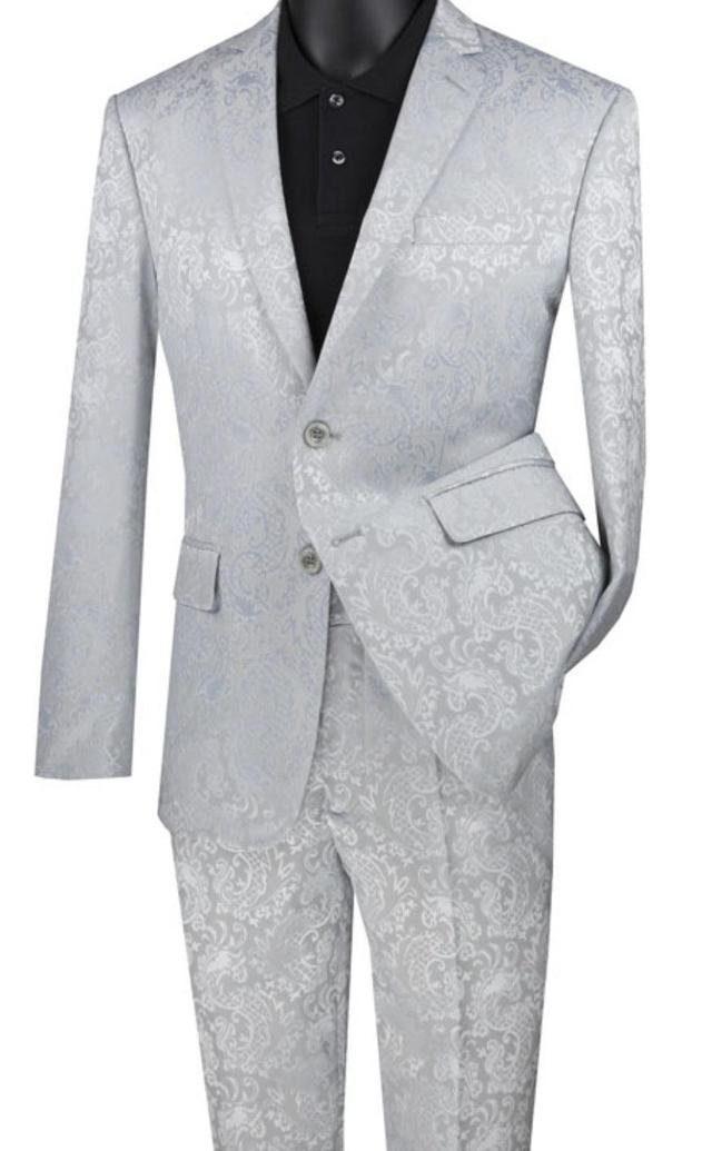 Silver Tone on Tone Paisley Pattern Slim Fit Men's 2 Piece Suit 2 Button Male Product Image