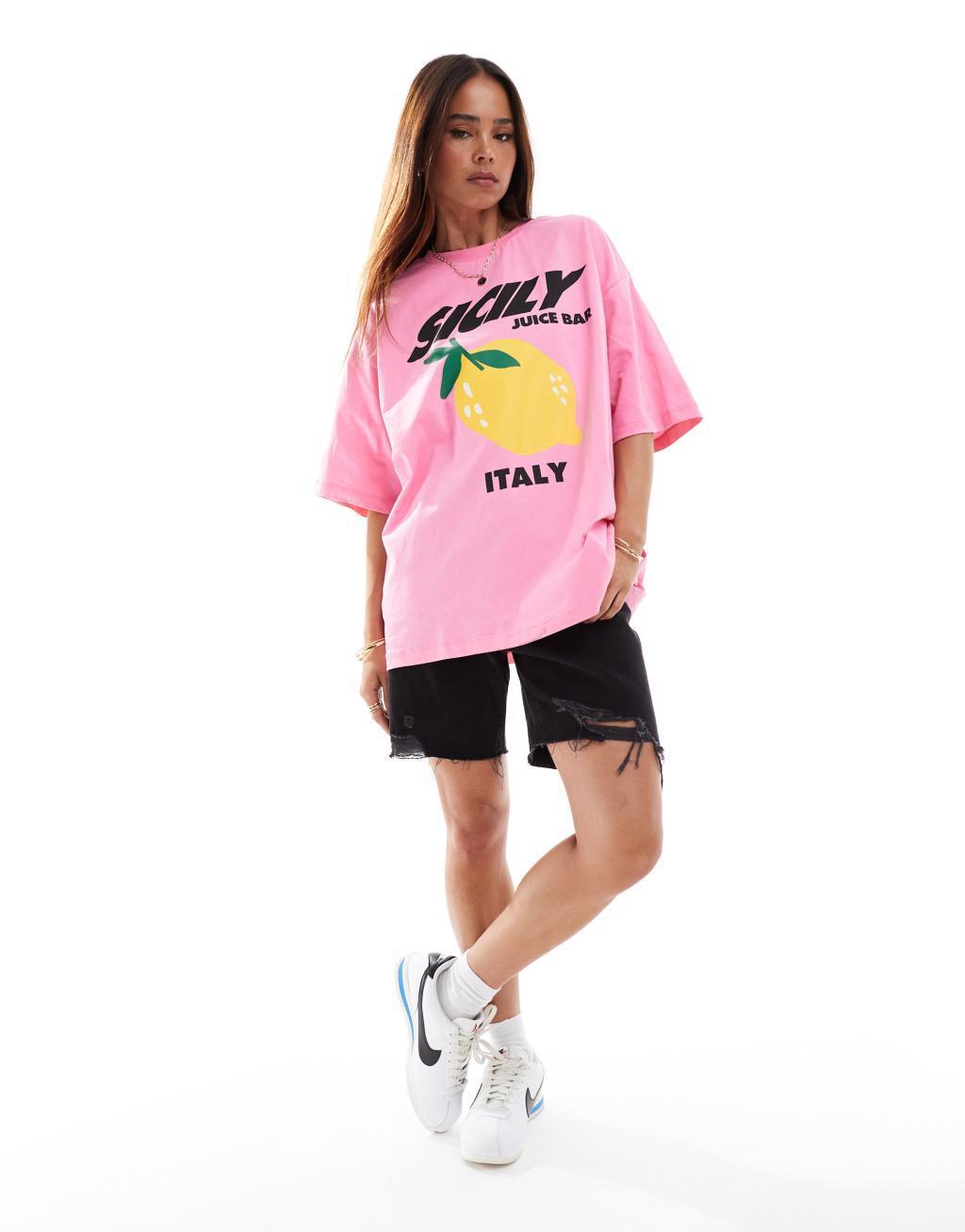 ASOS DESIGN oversized t-shirt with sicily lemon graphic in pink Product Image