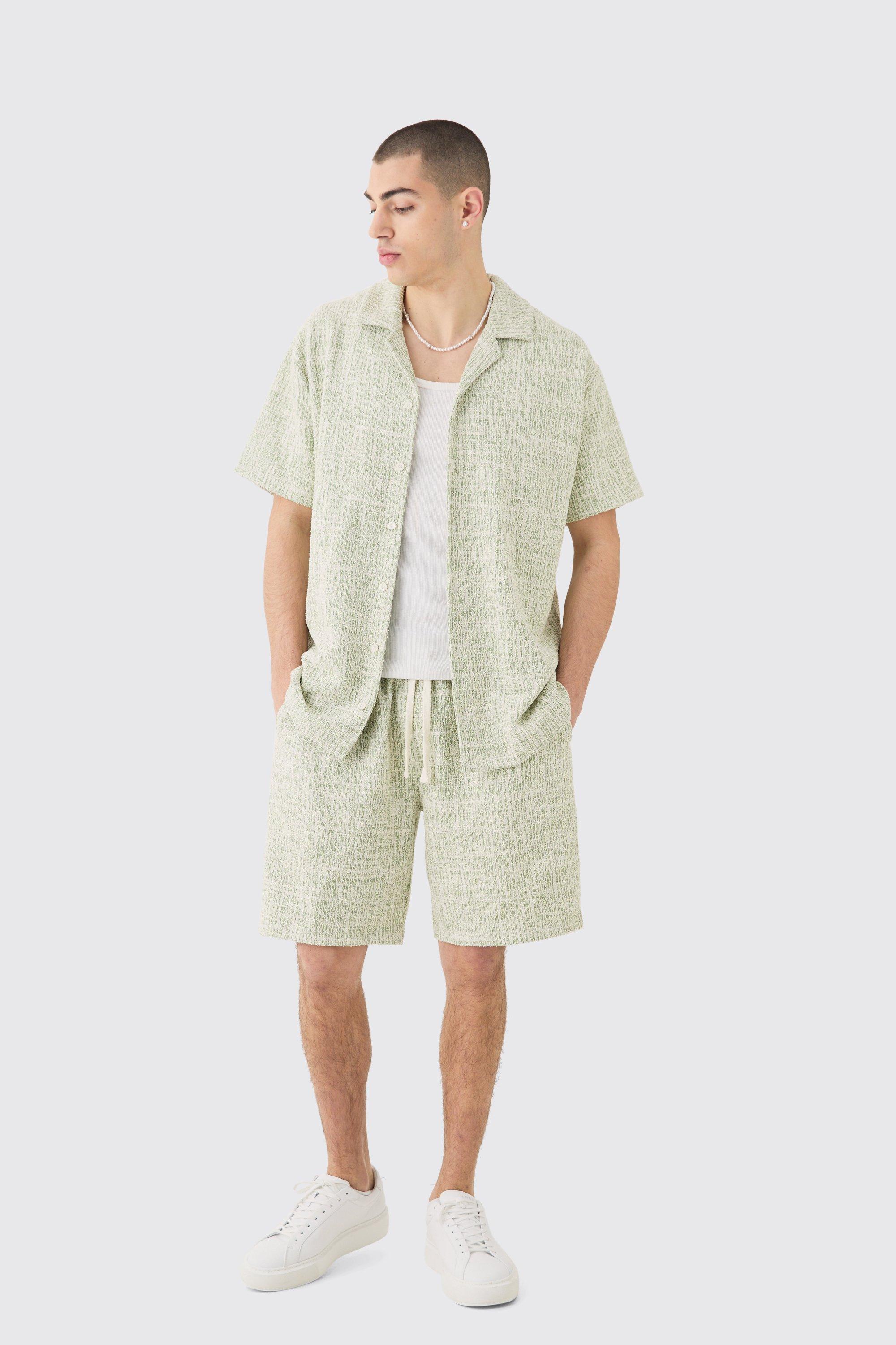 Mens Green Oversized Revere Boucle Shirt & Short Set, Green Product Image