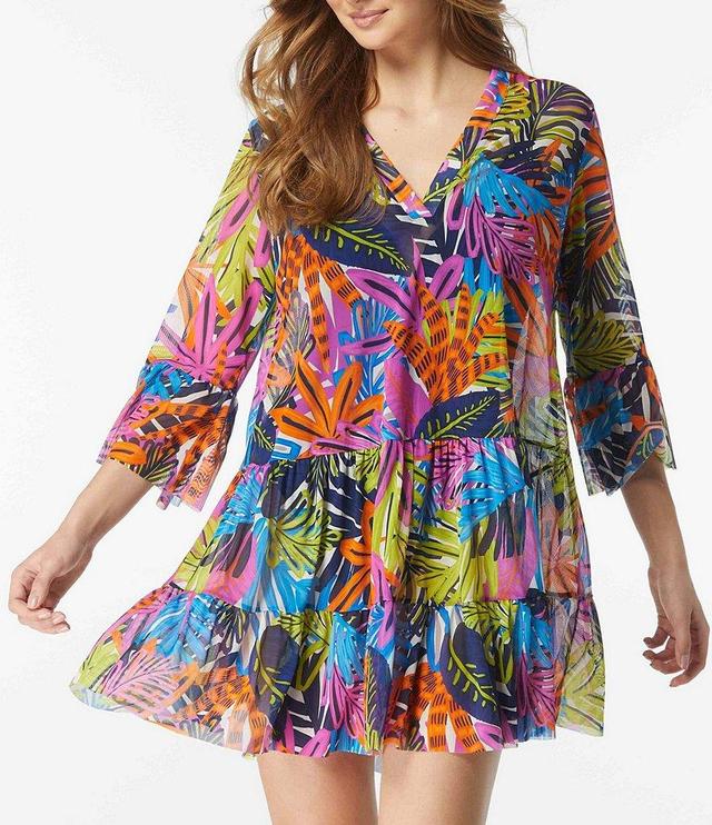 Coco Reef Eclectic Jungle Floral Tropical Print Mesh Bell Sleeve Swim Cover-Up Dress Product Image