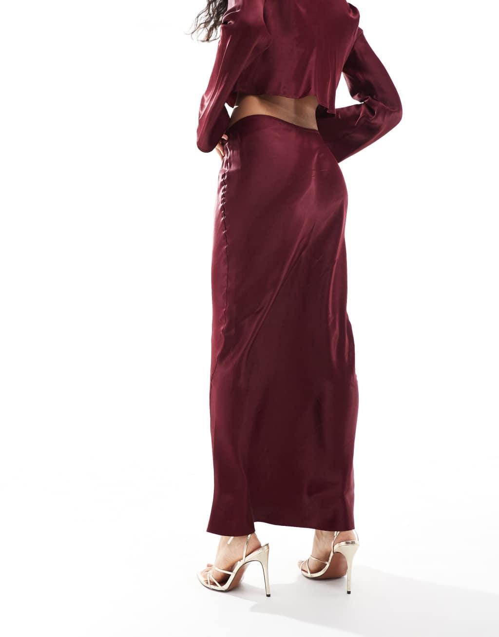 ASOS DESIGN satin bias maxi skirt in burgundy - part of a set Product Image