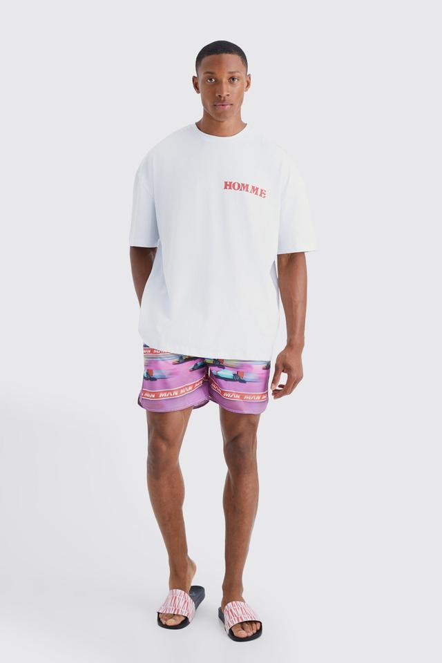 Mens Pink Oversized T-shirt & Graphic Swim Short Set, Pink Product Image