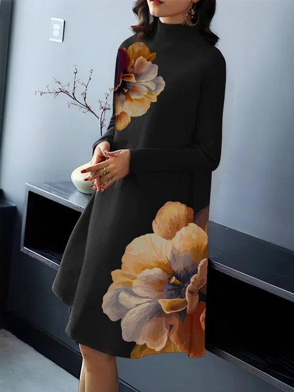 A-Line Long Sleeves Flower Print Split-Joint Mock Neck Midi Dresses Product Image