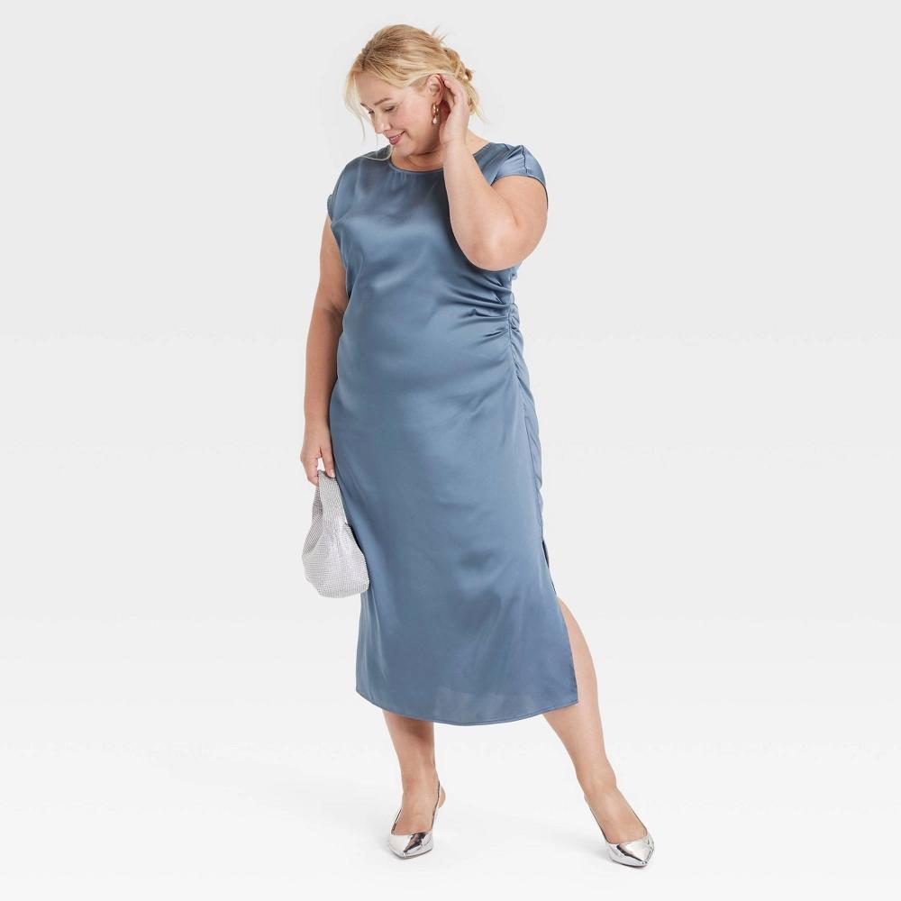 Women's Short Sleeve Ruched Midi Shift Dress - A New Day™ Blue 4X Product Image