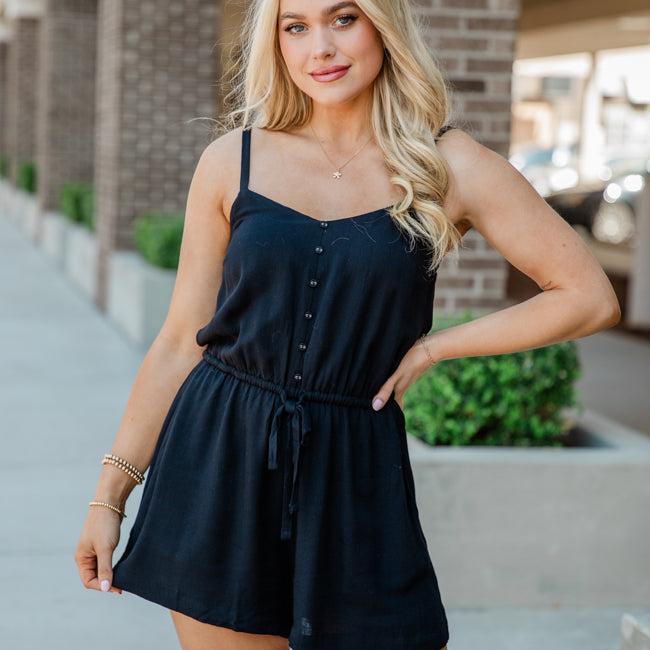 Take A Minute Black Solid Tie Waist Romper Product Image