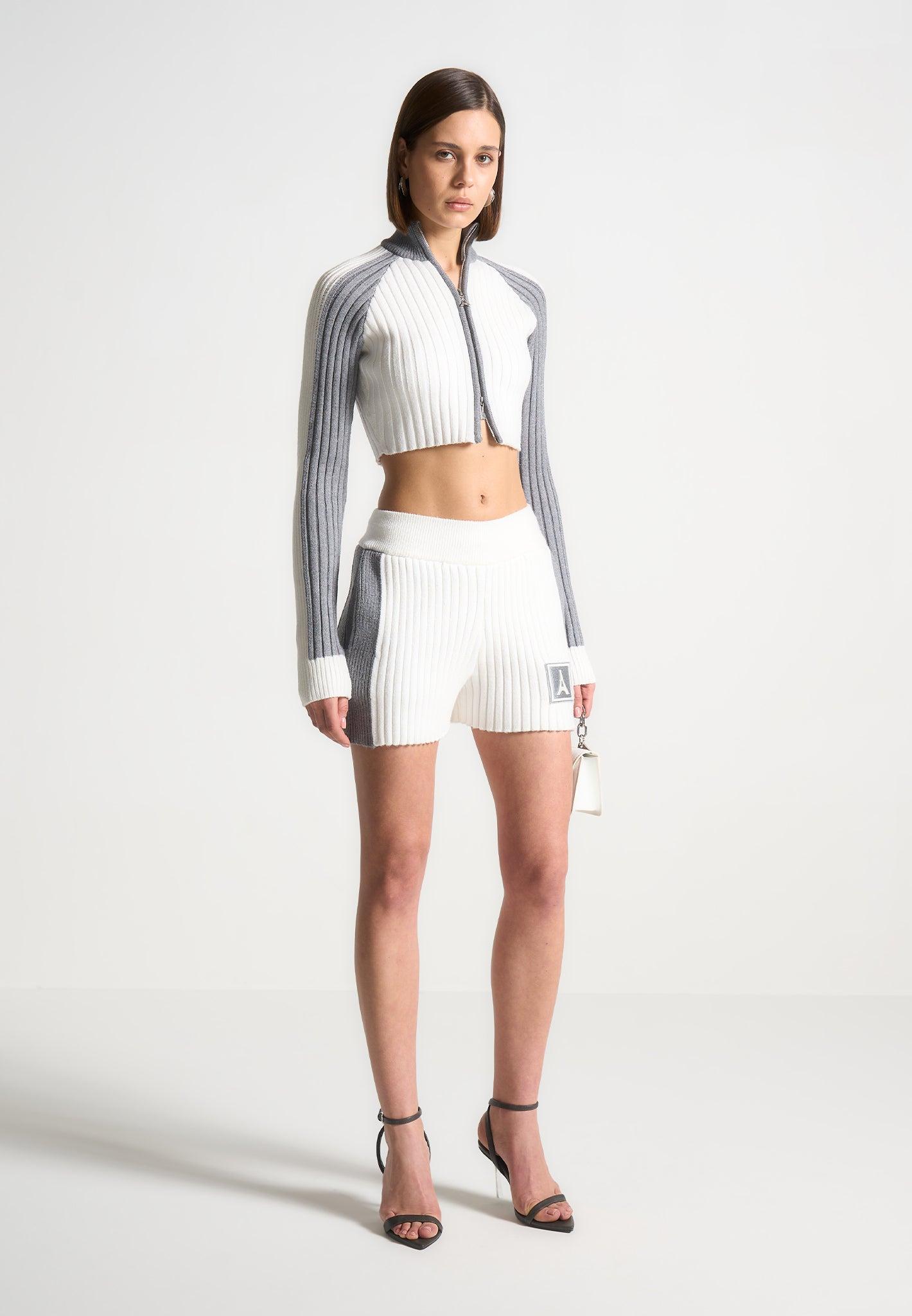 Rib Knit Track Shorts - Off White/Grey Female Product Image