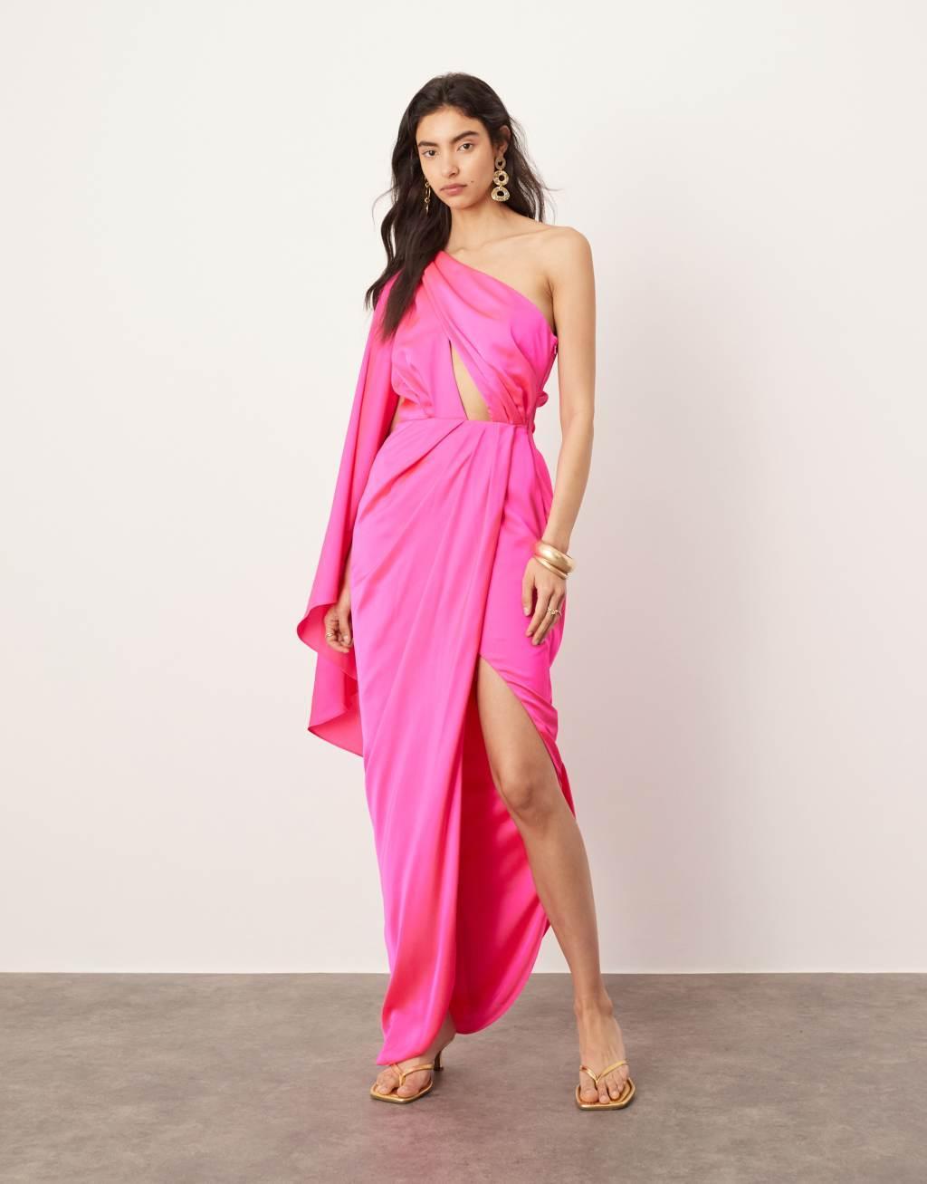 ASOS EDITION satin one shoulder flare sleeve maxi dress with ruched waist detail in pink product image