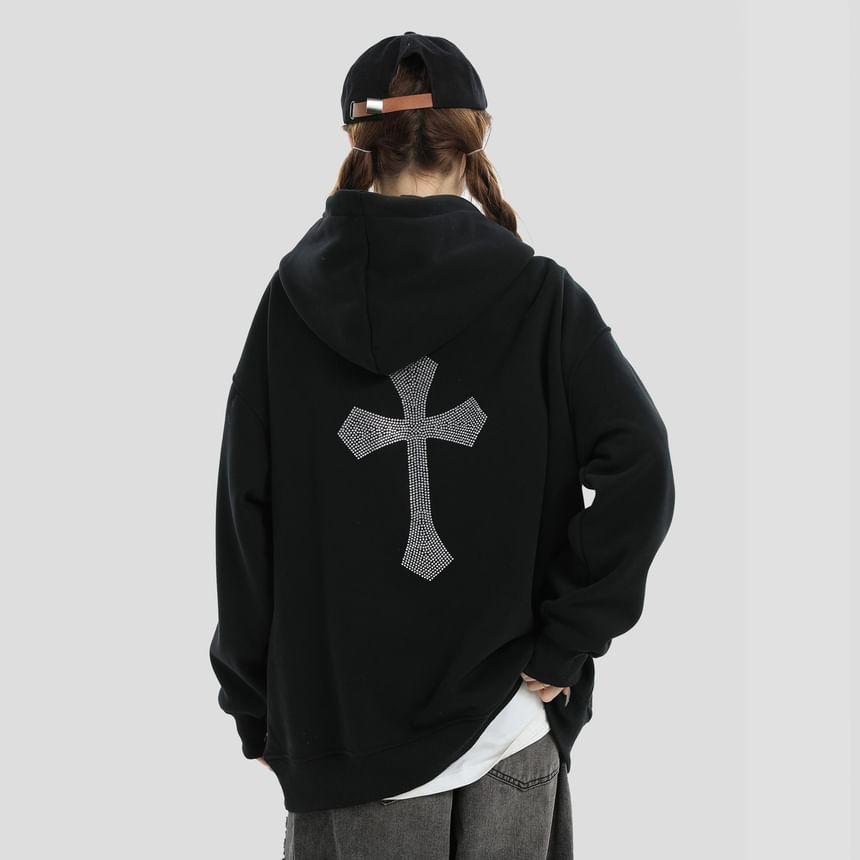 Couple Matching Lettering Cross Print Hoodie Product Image