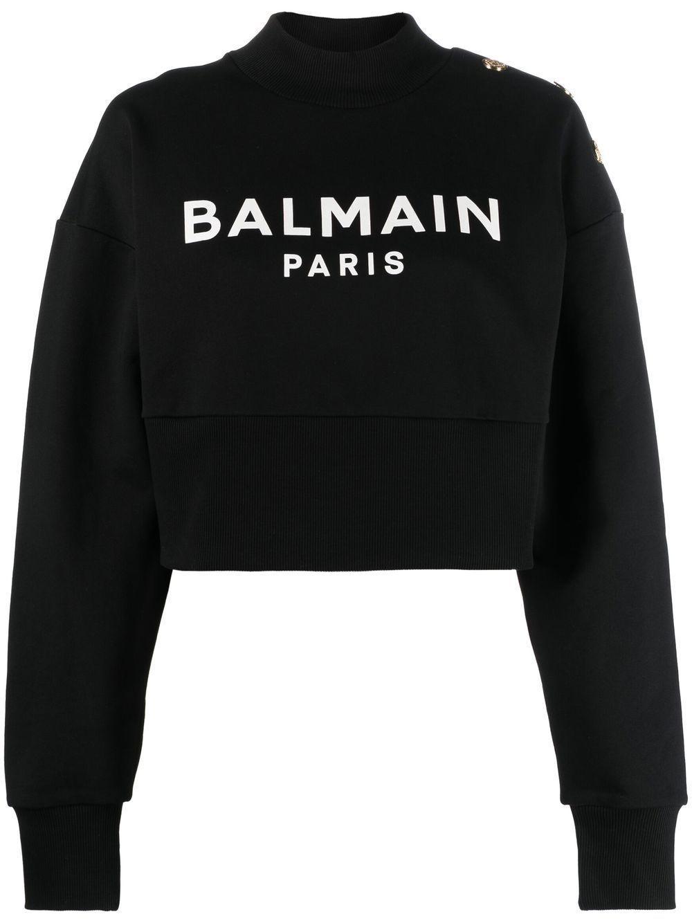 BALMAIN Logo Organic Cotton Cropped Sweatshirt In Black Product Image