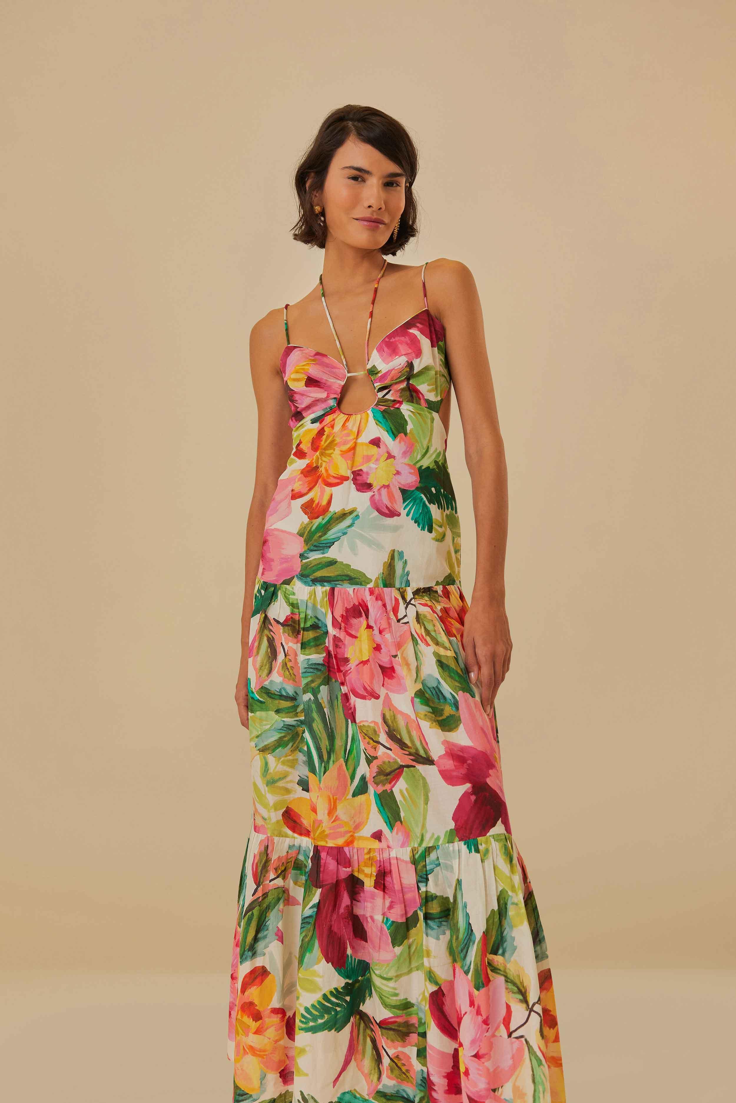 Off-White Painted Flowers Tiered Maxi Dress Product Image