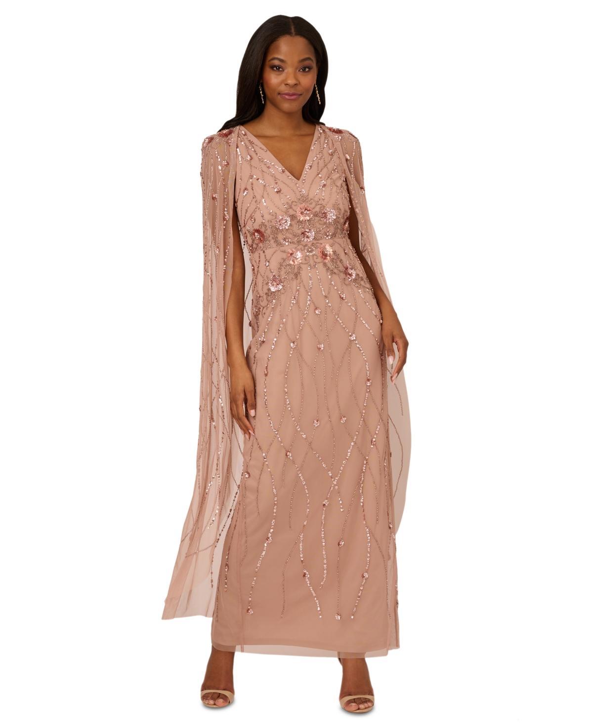 Adrianna Papell Womens Embellished V-Neck Cape Gown Product Image