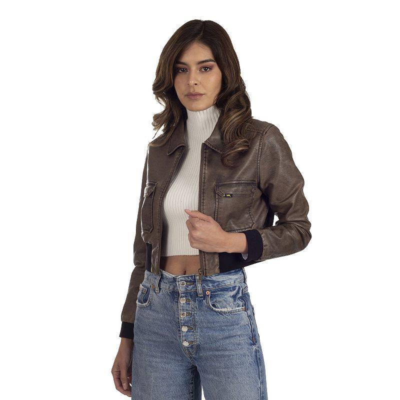 Womens Lee Crop Faux-Leather Bomber Jacket Brown Product Image