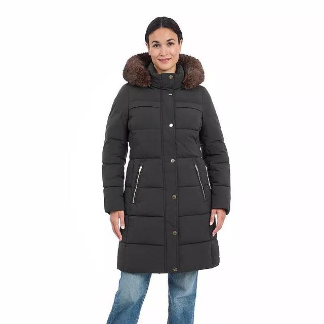 Womens London Fog Faux Fur Trim Hood Long Puffer Coat Green Product Image