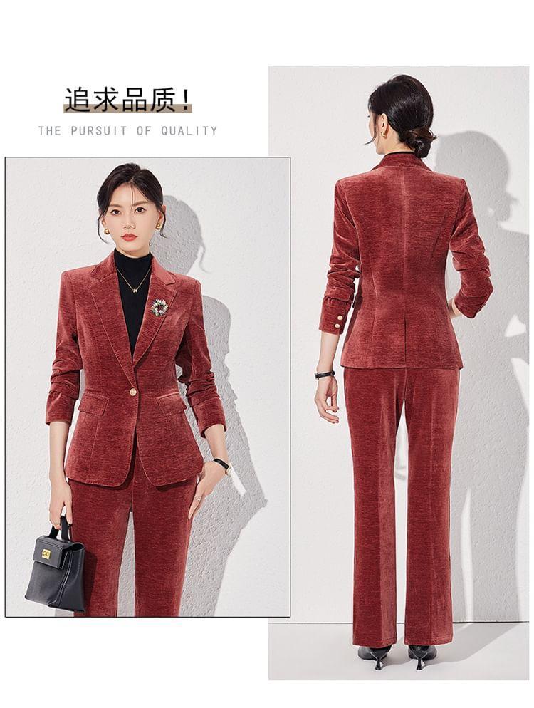 Notch Lapel Plain Velvet Single Breasted Blazer / High Rise Flared Slacks / Set Product Image