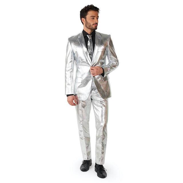 Mens OppoSuits Shiny Silver Slim-Fit Novelty Party Suit & Tie Set Silver Grey Product Image