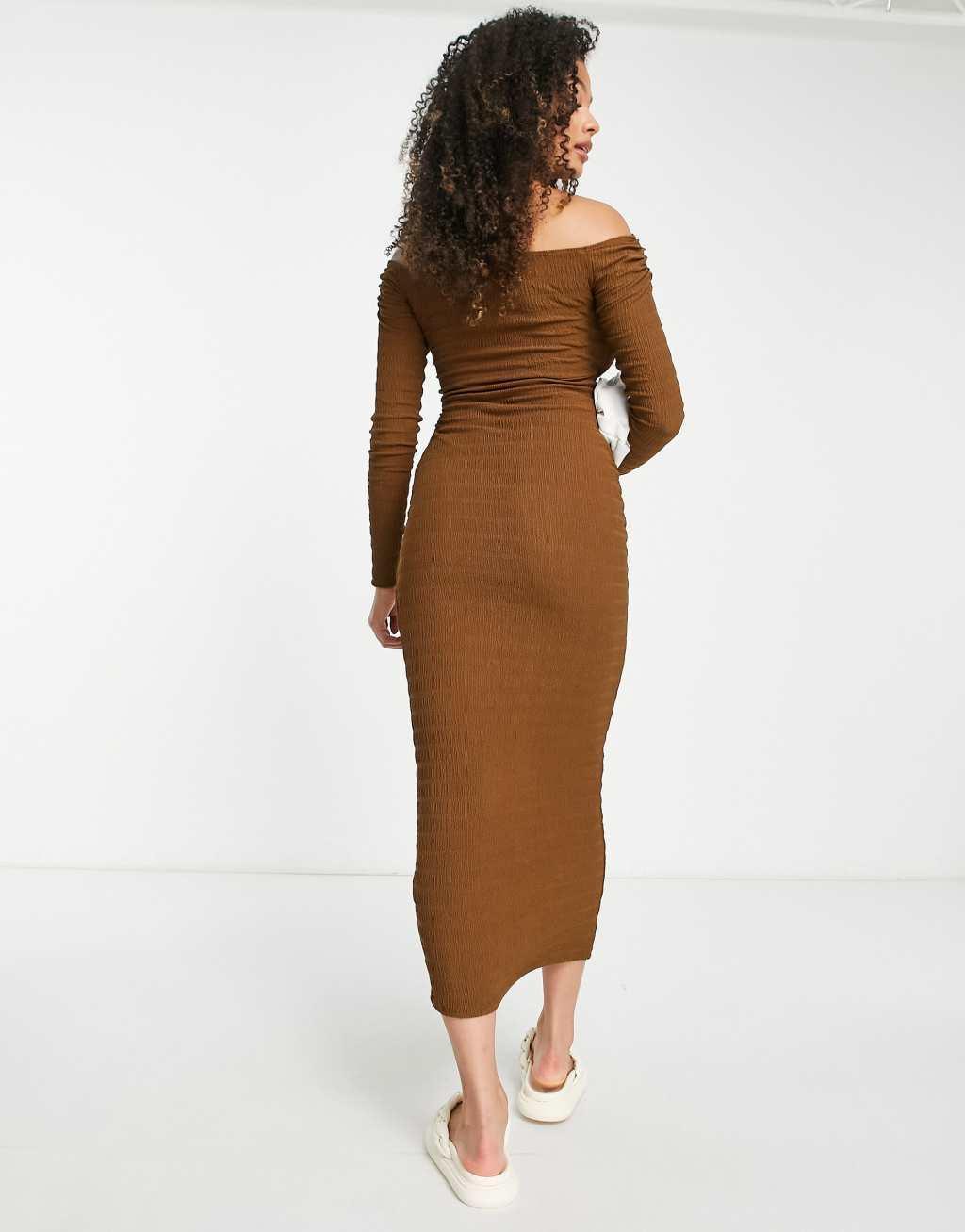 ASOS DESIGN Tall bardot crinkle midi dress in brown Product Image