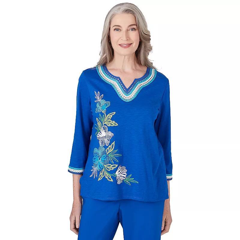 Petite Alfred Dunner Asymmetric Flower Crochet Trim Top, Womens Blue Blue Product Image