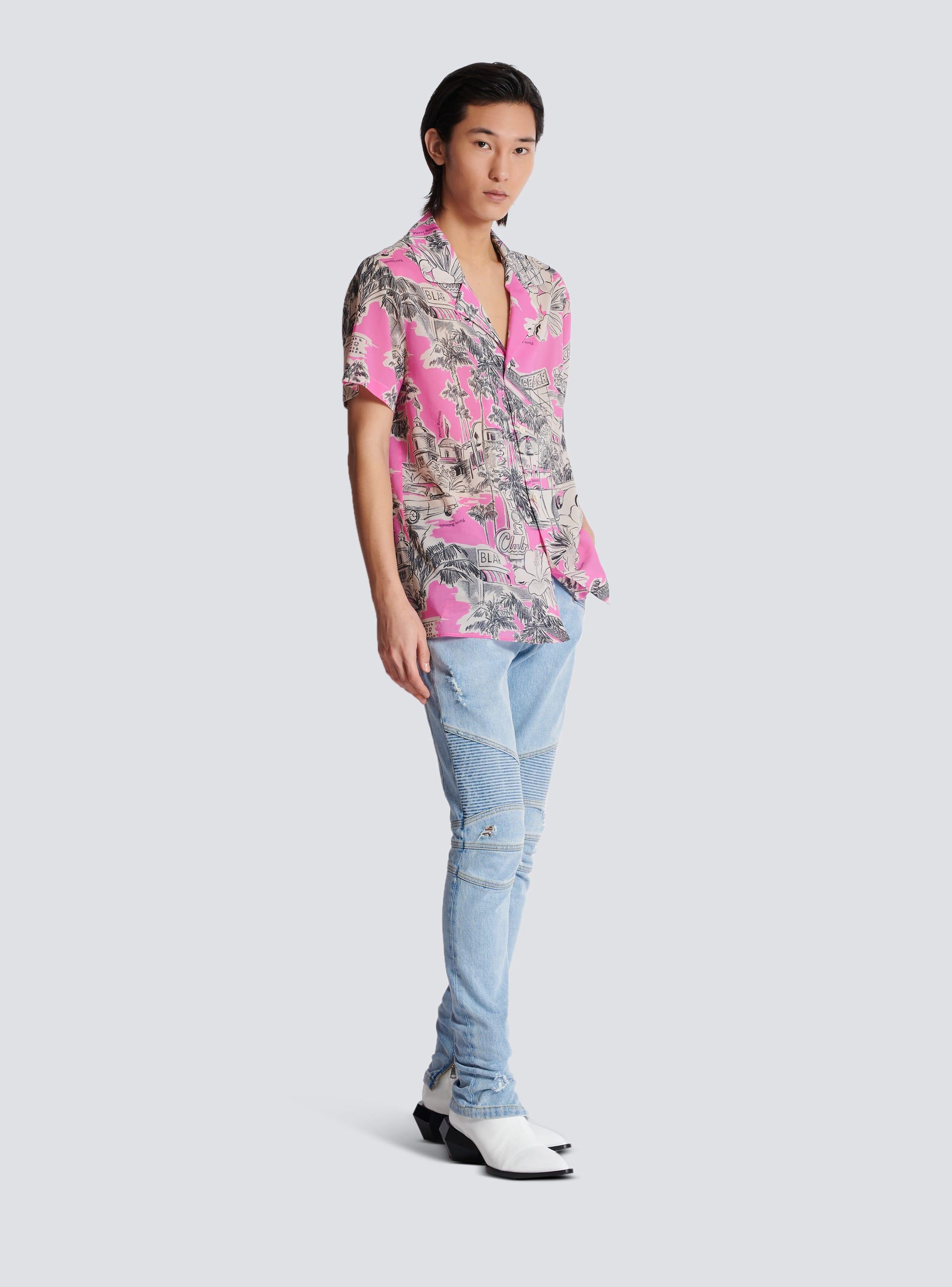 Short-sleeved silk pyjama shirt with Miami print Product Image