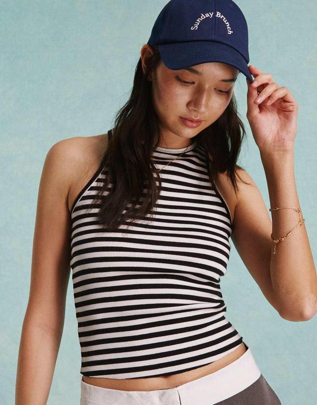 Miss Selfridge ribbed racer top in black and white stripe Product Image