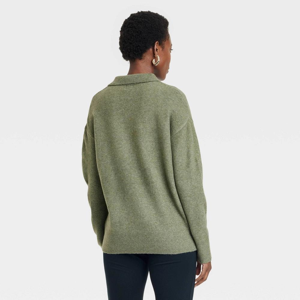 Women's Cozy Knit Polo Collar Pullover Sweater - A New Day™ Green XS Product Image