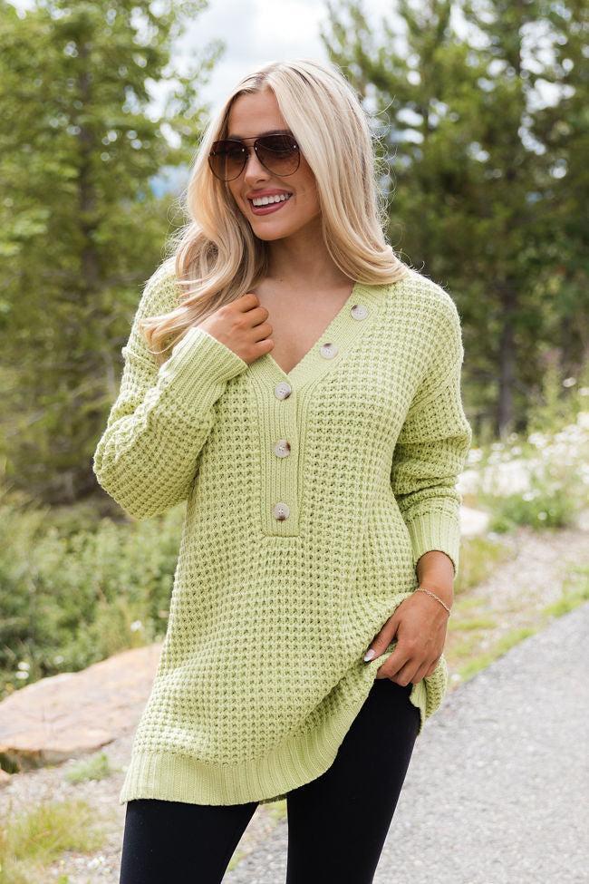 Just Keep Going Lime Henley Waffle Sweater Product Image