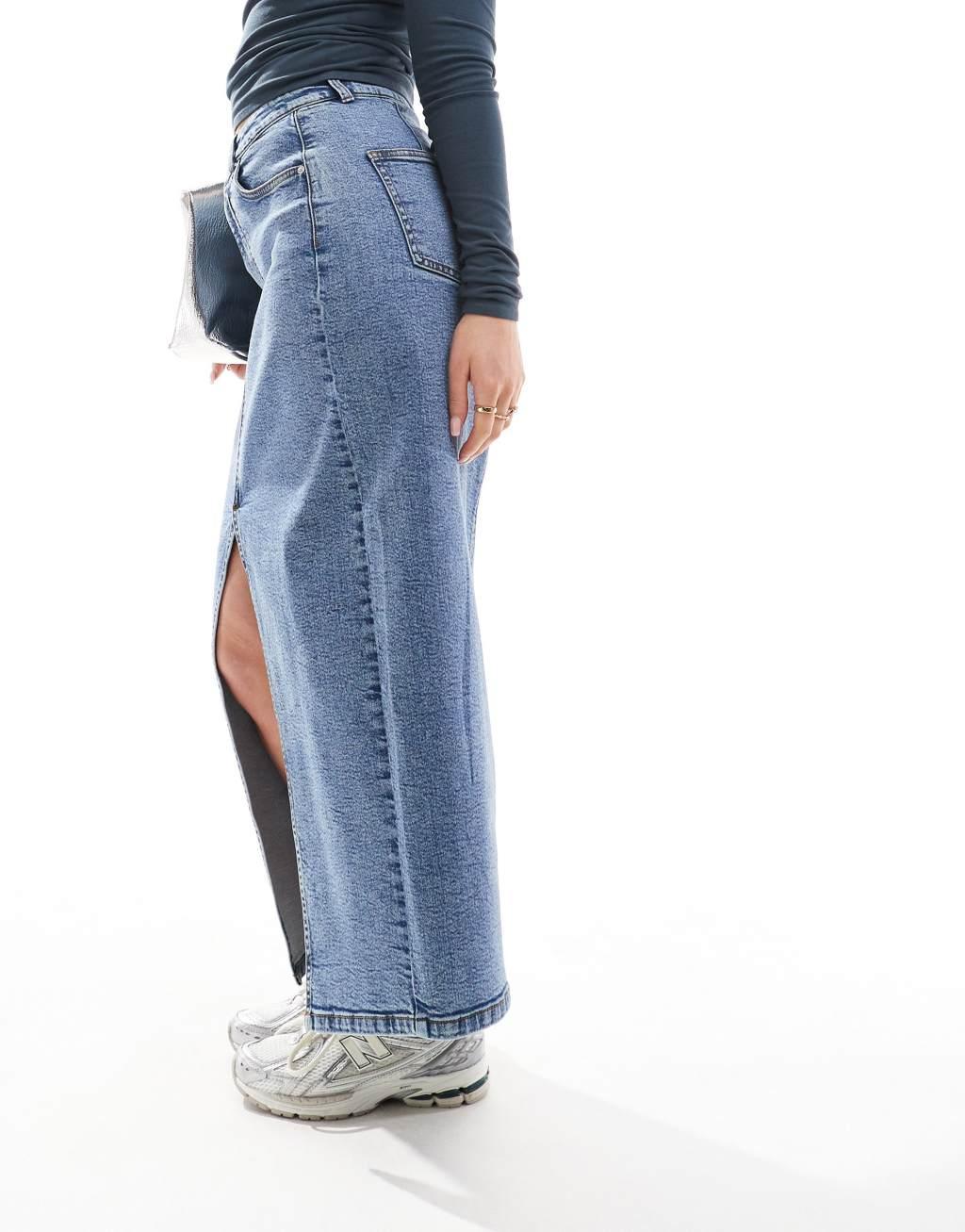 ASOS DESIGN Hourglass denim maxi skirt with split hem in midwash blue Product Image