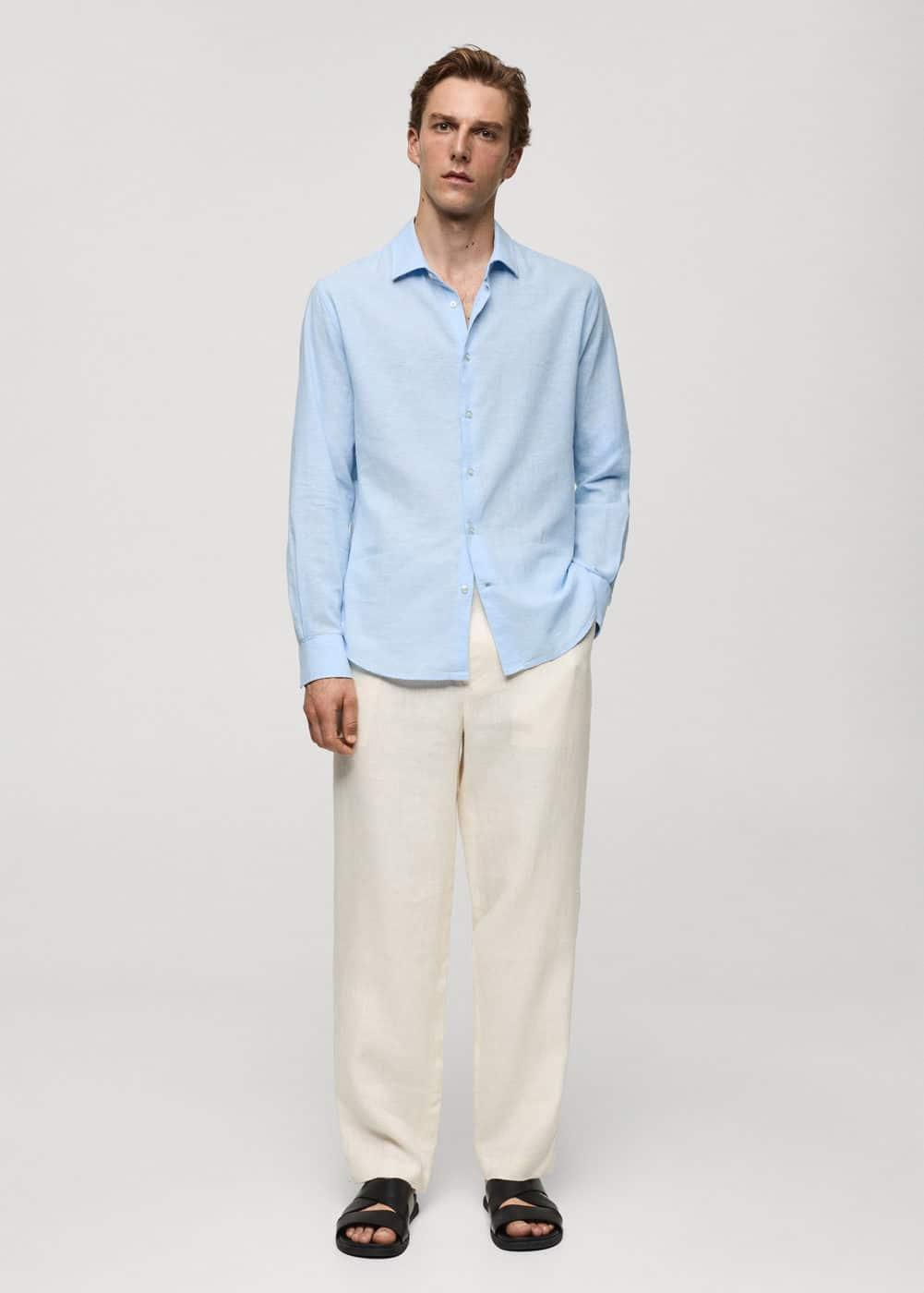 MANGO MAN - Regular-fit striped cotton-linen shirt sky blueMen Product Image