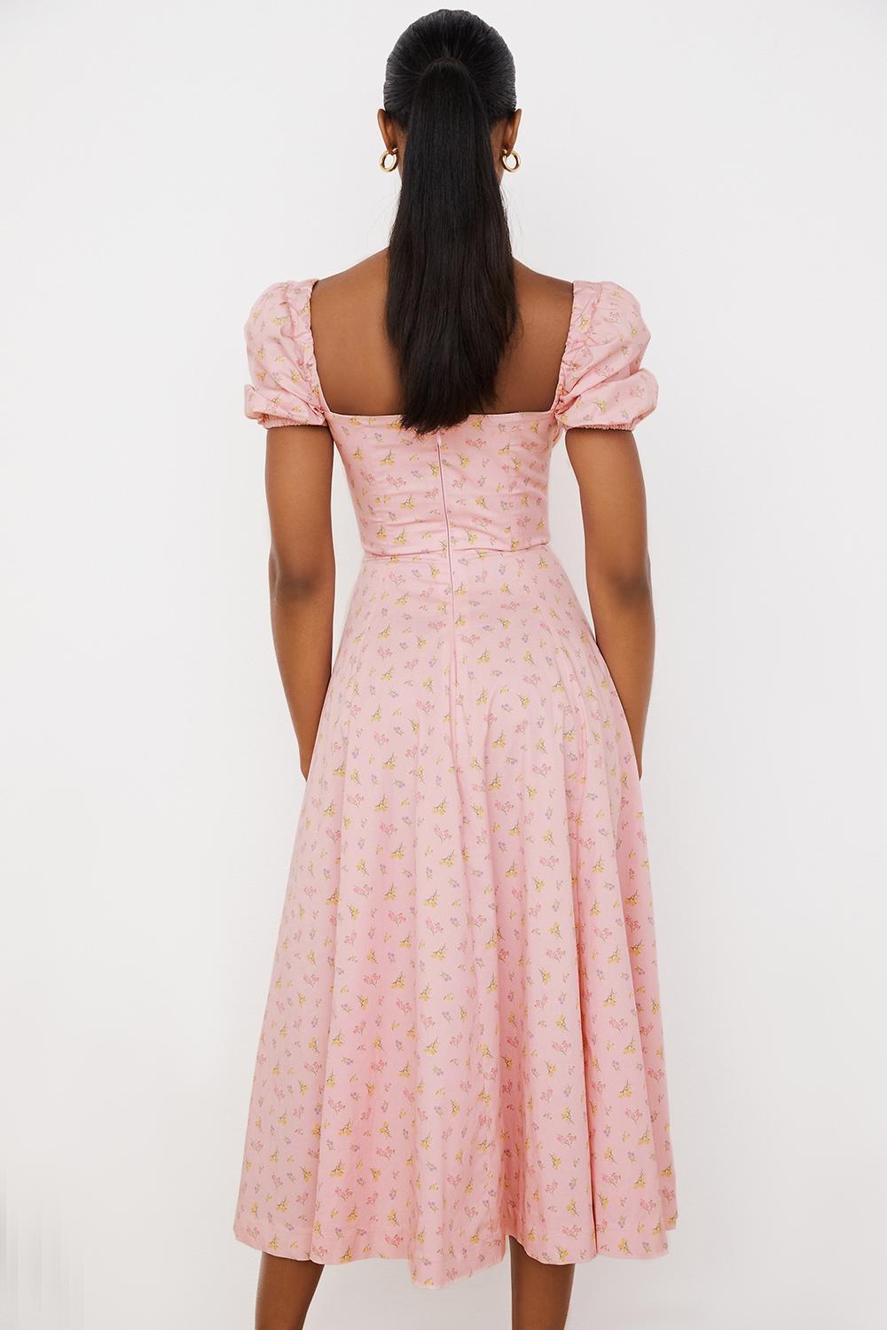 Tallulah Pink Floral Puff Sleeve Midi Dress Product Image