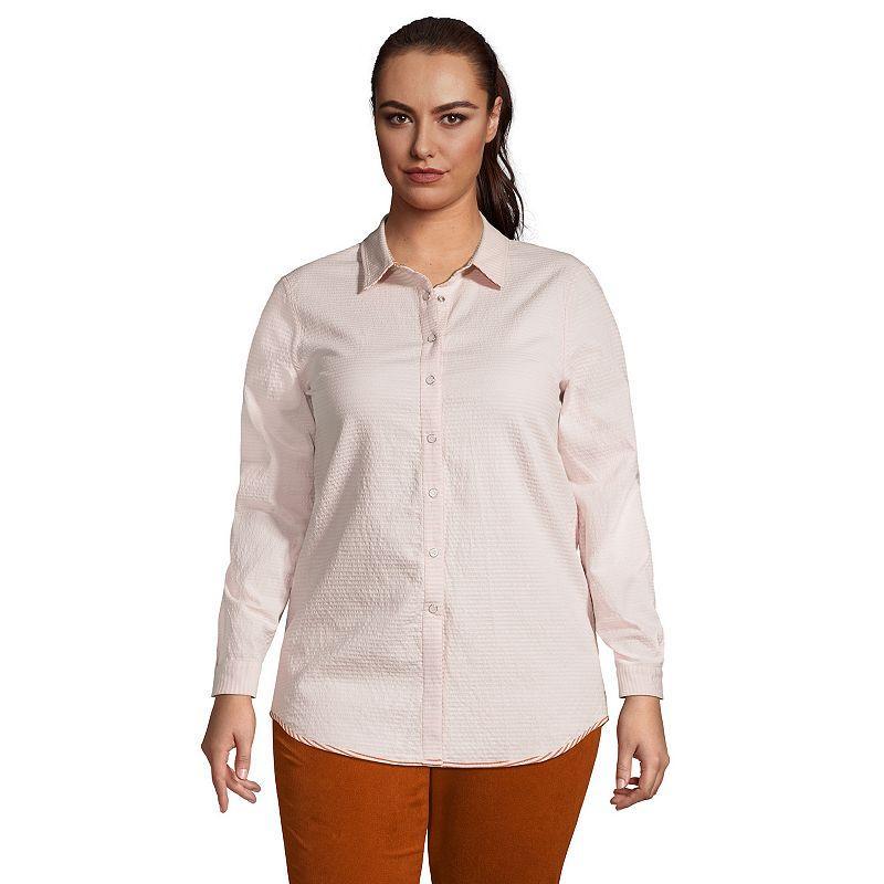 Plus Size Lands End Reversible Boyfriend Fit Long Sleeve Tunic Top, Womens Soft Tea Pink Stripe Product Image