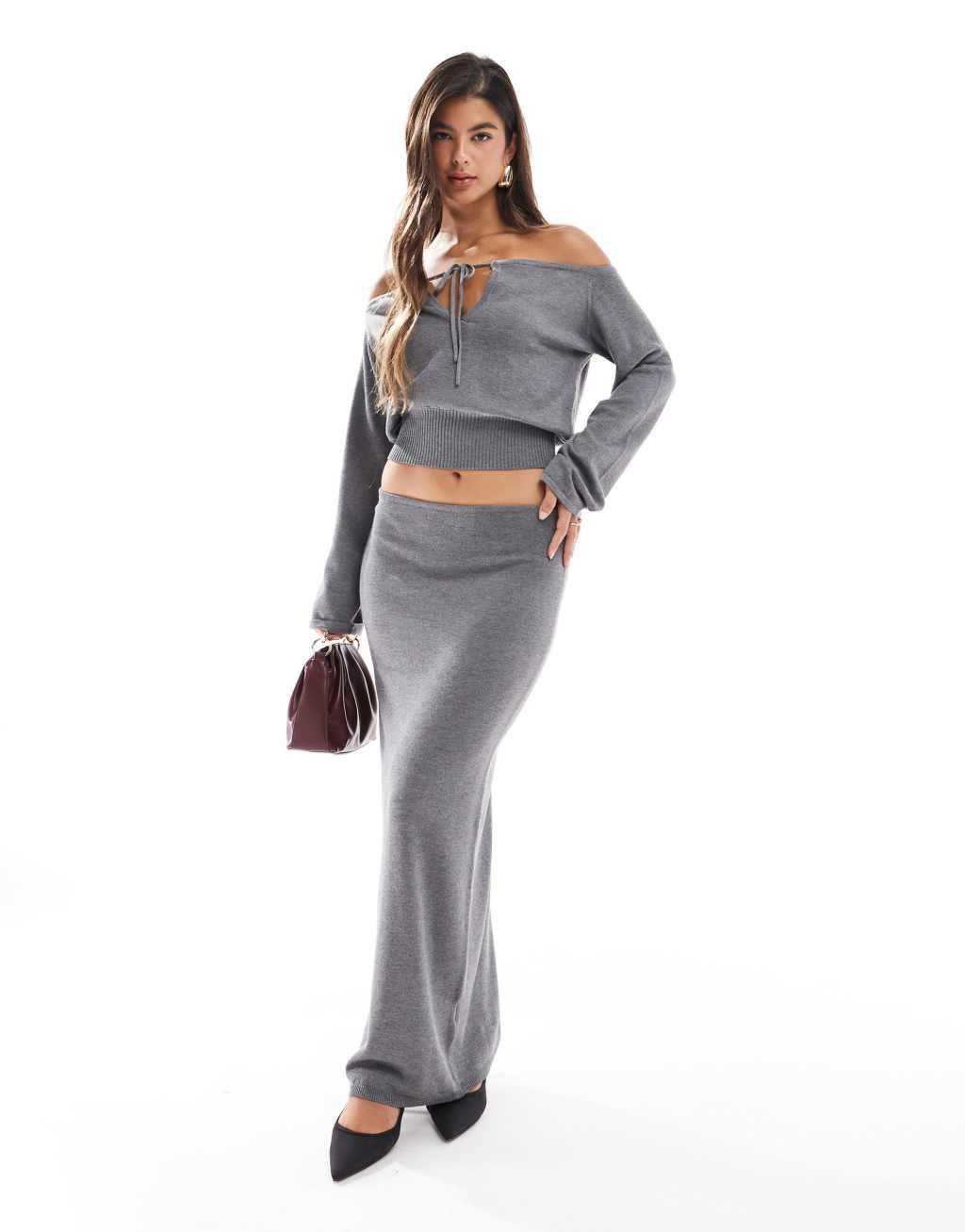 SNDYS knit low rise maxi skirt in gray - part of a set Product Image