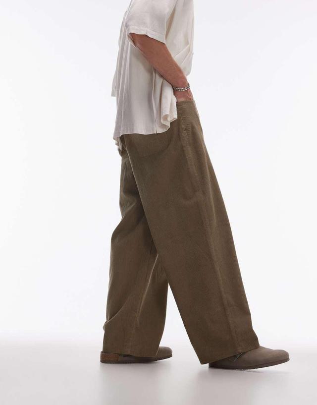 Topman wide leg cord pants in stone Product Image