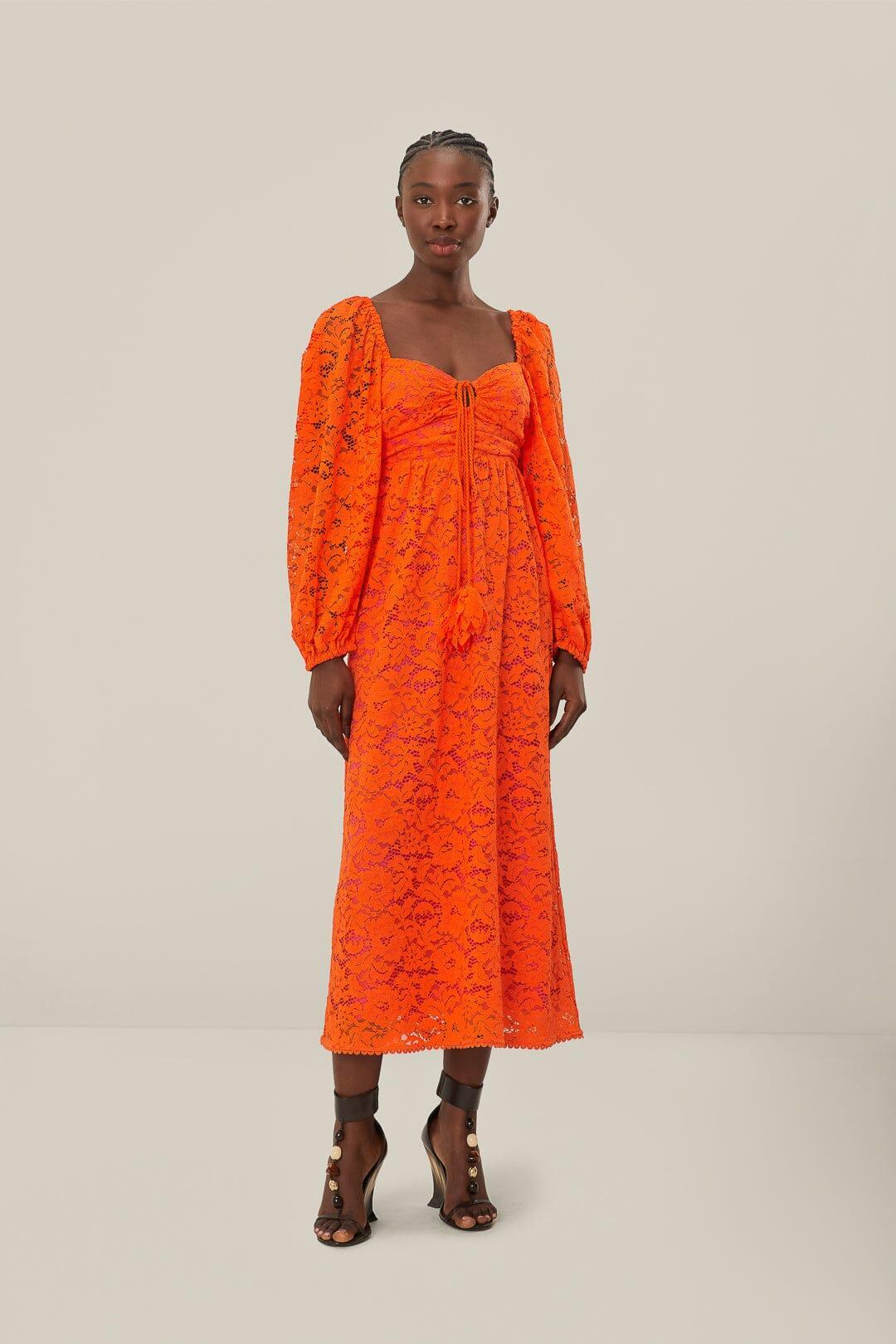 Orange Lace Long Sleeve Midi Dress Product Image