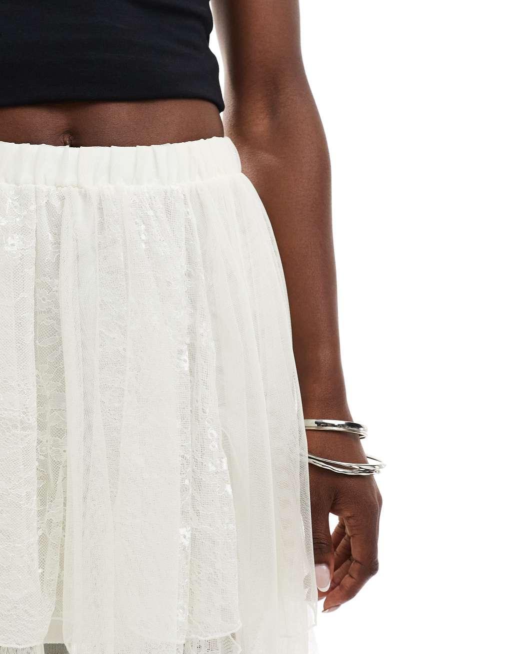 Miss Selfridge festival mesh layered mini skirt in cream Product Image