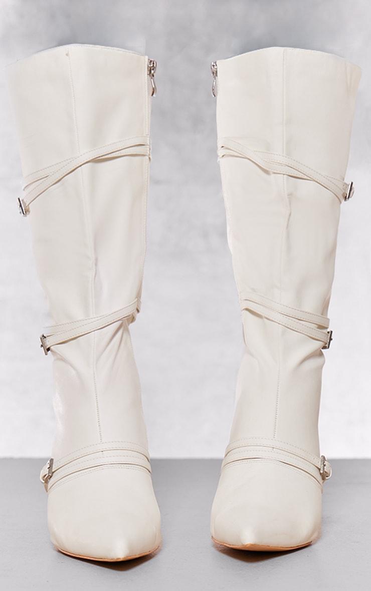 White Wide Fit Pu Point Toe Knee High Buckle Low Heeled Boots Product Image