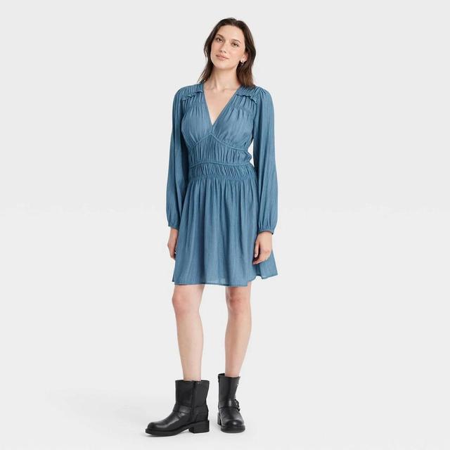 Womens Long Sleeve Smocked Ruffle Mini A-Line Dress - Universal Thread Blue L Product Image