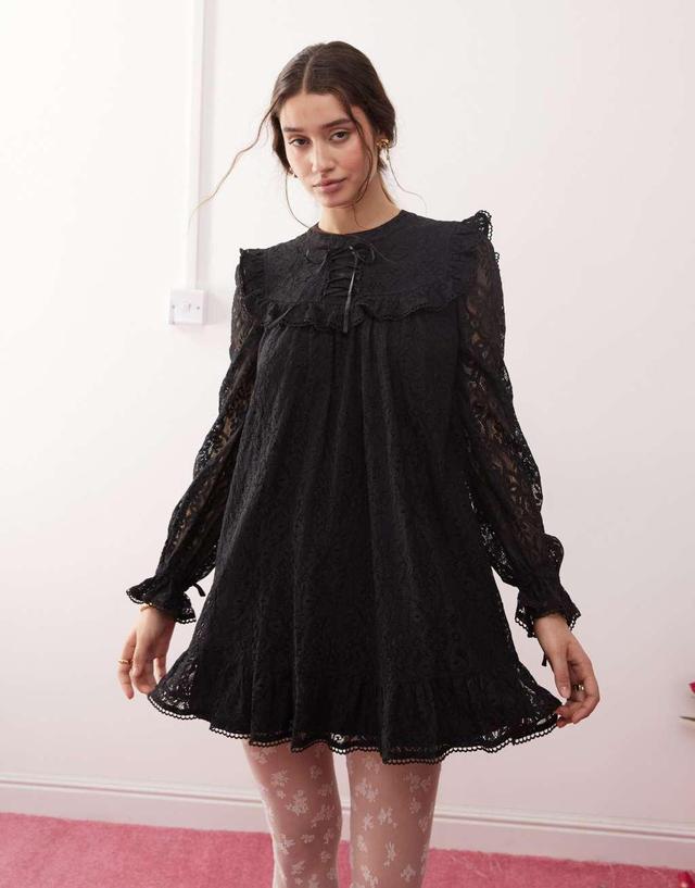 Miss Selfridge ribbon detail lace smock dress in black Product Image